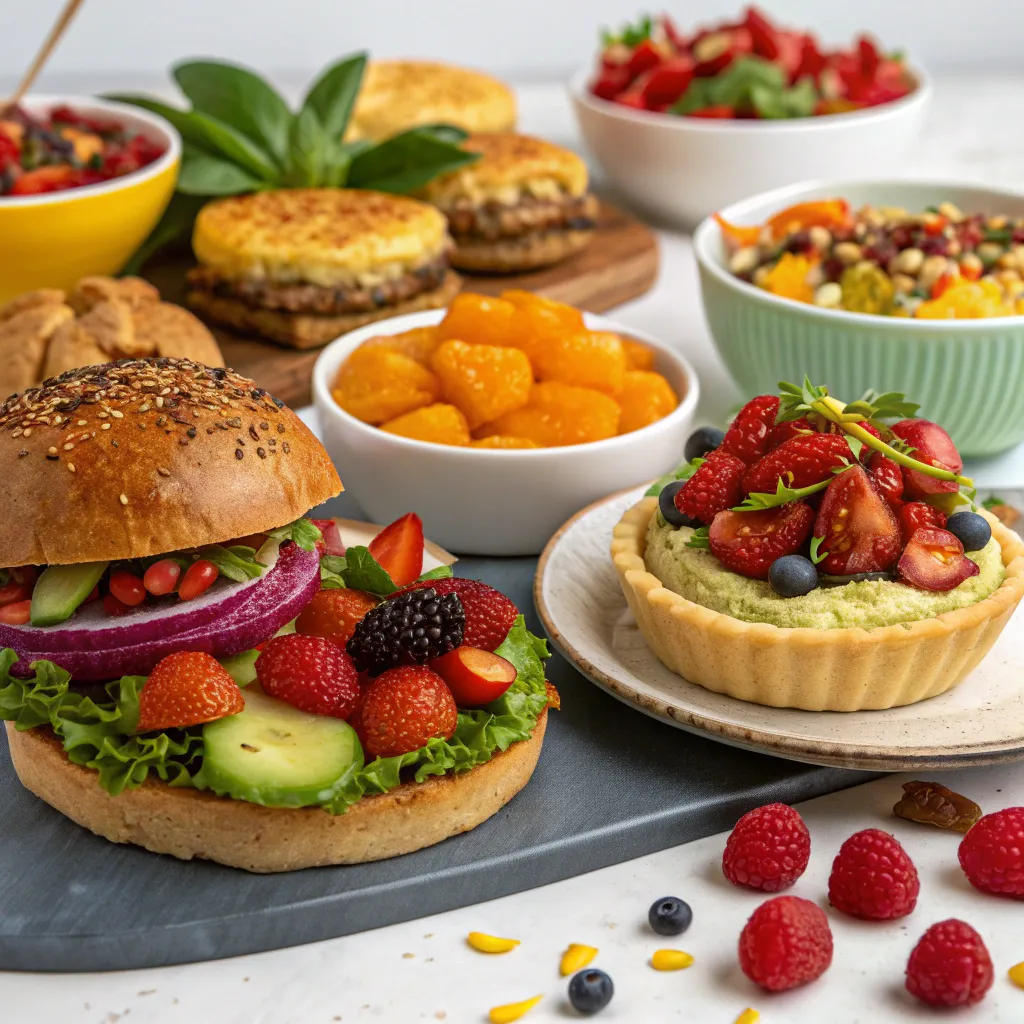 An assortment of vibrant vegan delicacies
